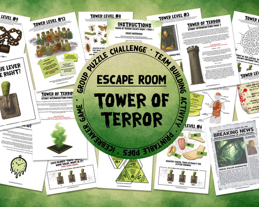 A printable Halloween horror Escape Room game called Tower of Terror for group team-building or playing as an icebreaker game. Various printable PDF sheets with puzzles, props, read-aloud story sheets, and facilitator instructions and guide.