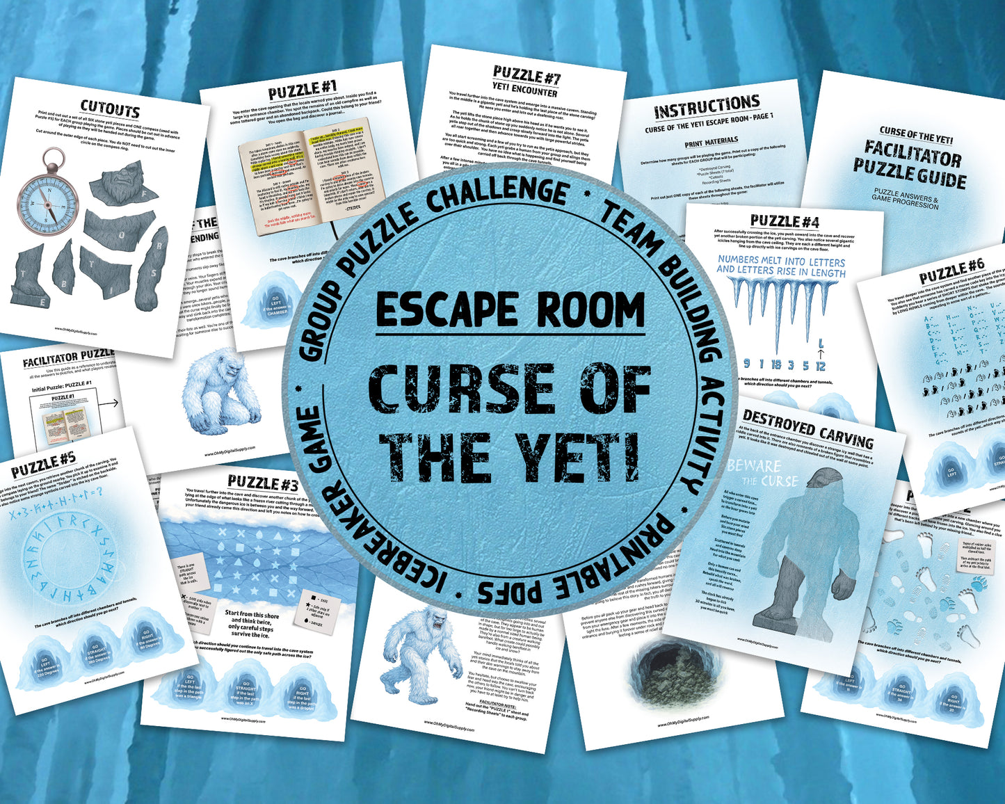 Escape Room: Curse of the Yeti, a printable team building game and icebreaker activity comprised of puzzle sheets in a printable PDF file format.