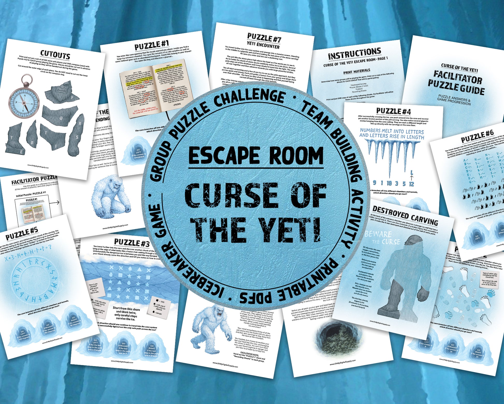 Escape Room: Curse of the Yeti, a printable team building game and icebreaker activity comprised of puzzle sheets in a printable PDF file format.