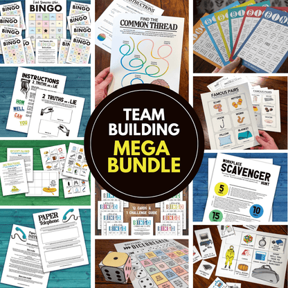 Team Building Bundle. Collage of 7 different team building activities including Wellness Bingo, Find Someone Who Bingo, Workplace Scavenger Hunt, 2 Truths and a Lie, Decision Quest: Fallout Shelter, Paper Telephone, and Bingo for the Workplace.