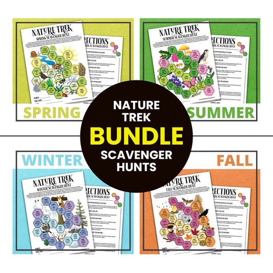 A bundle of four printable nature trek outdoor scavenger hunts for spring, summer, fall, and winter. A competitive team building activity where each spot on the worksheet has an item you need to find to earn points.