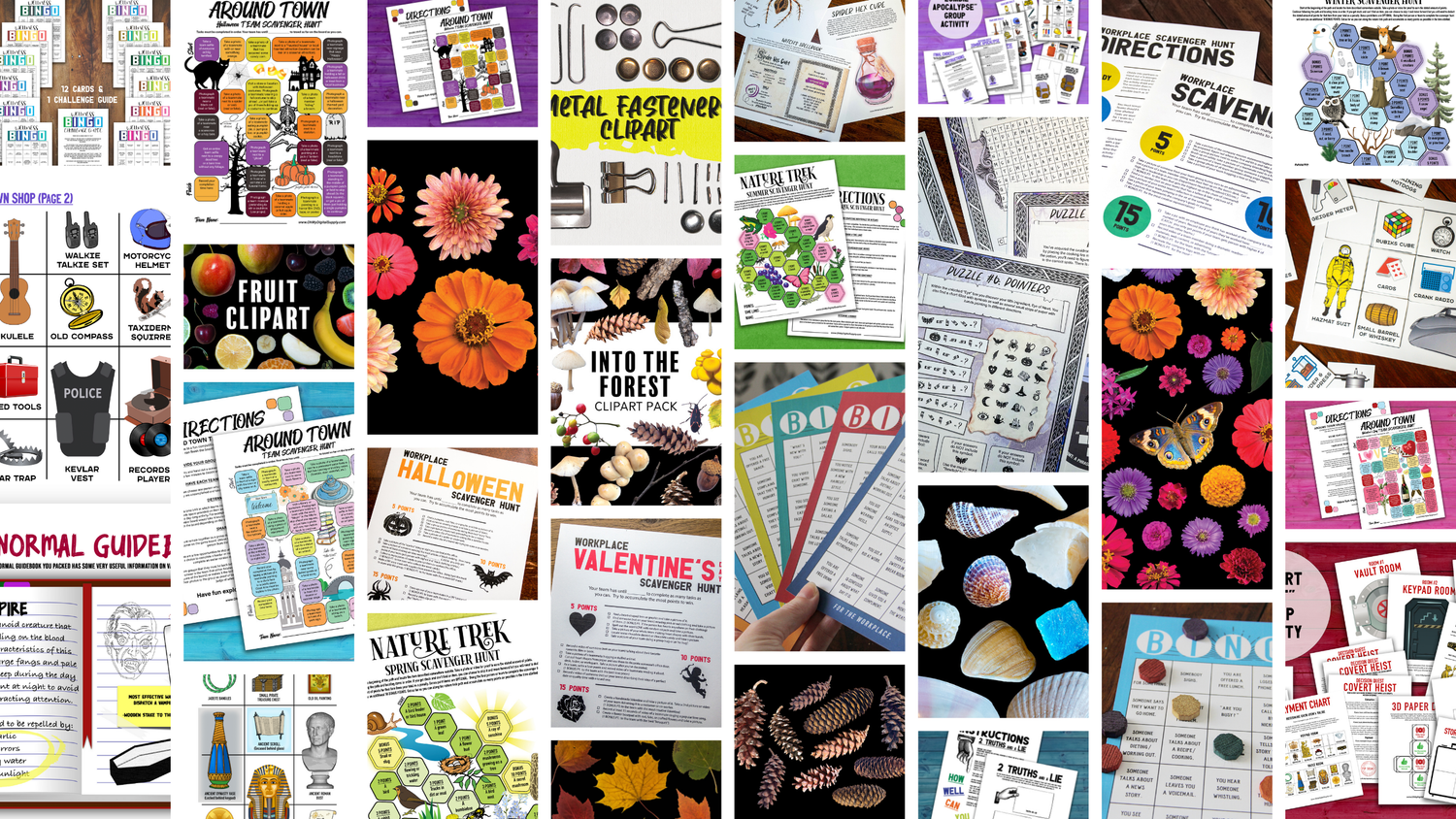 Collage of various product photos including printable team building activities, scavenger hunts, group games, bingo games, Icebreaker games, and clipart 