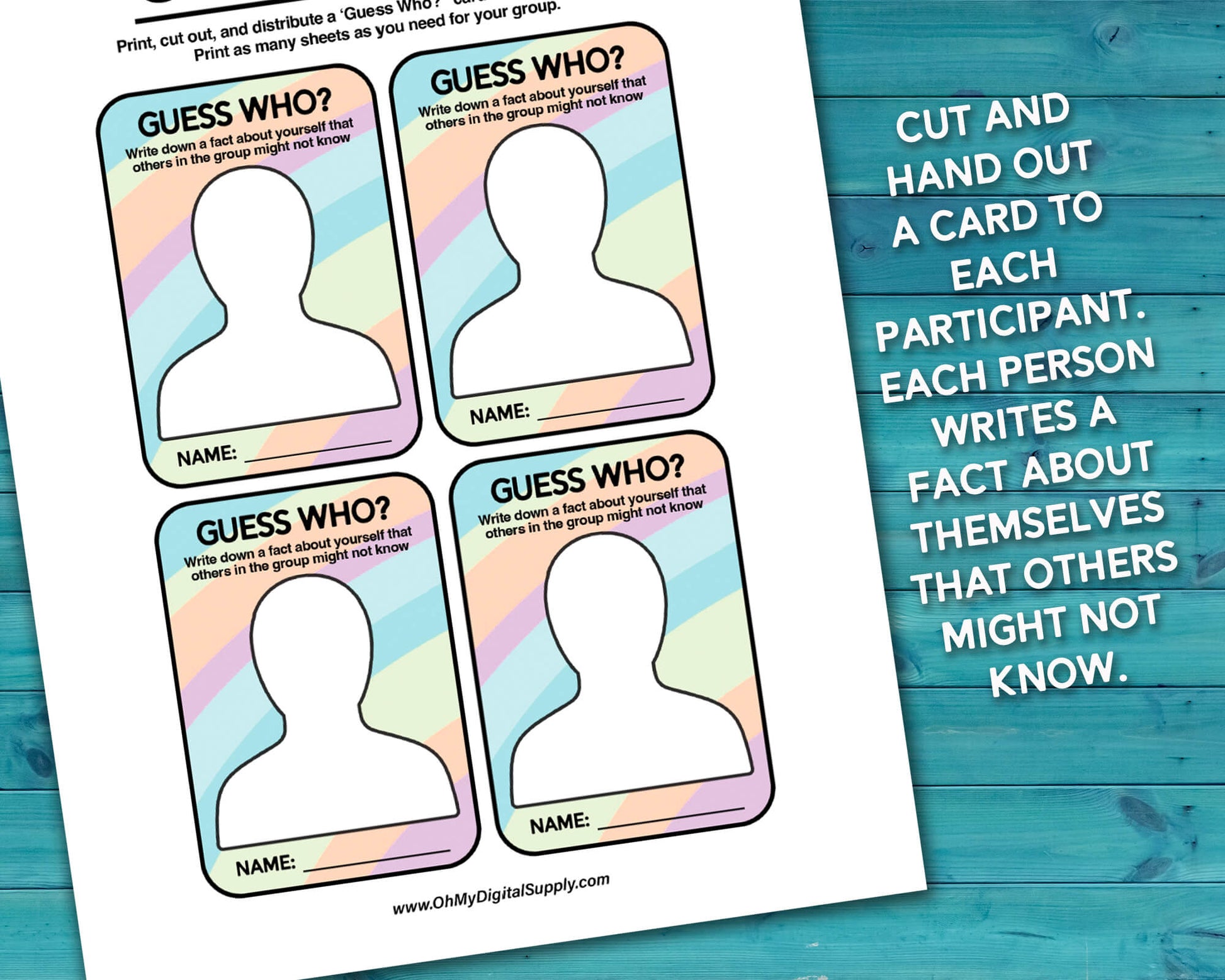 Guess Who? Group team-building activity and icebreaker gamer in a downloadable PDF format. The game has a sheet with card cutouts and a sheet with instructions on how to play.