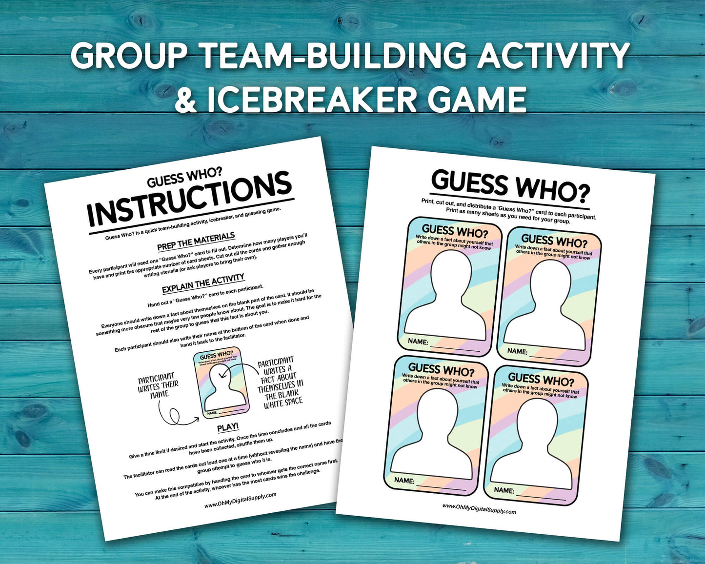 Guess Who? Group team-building activity and icebreaker gamer in a downloadable PDF format. The game has a sheet with card cutouts and a sheet with instructions on how to play.