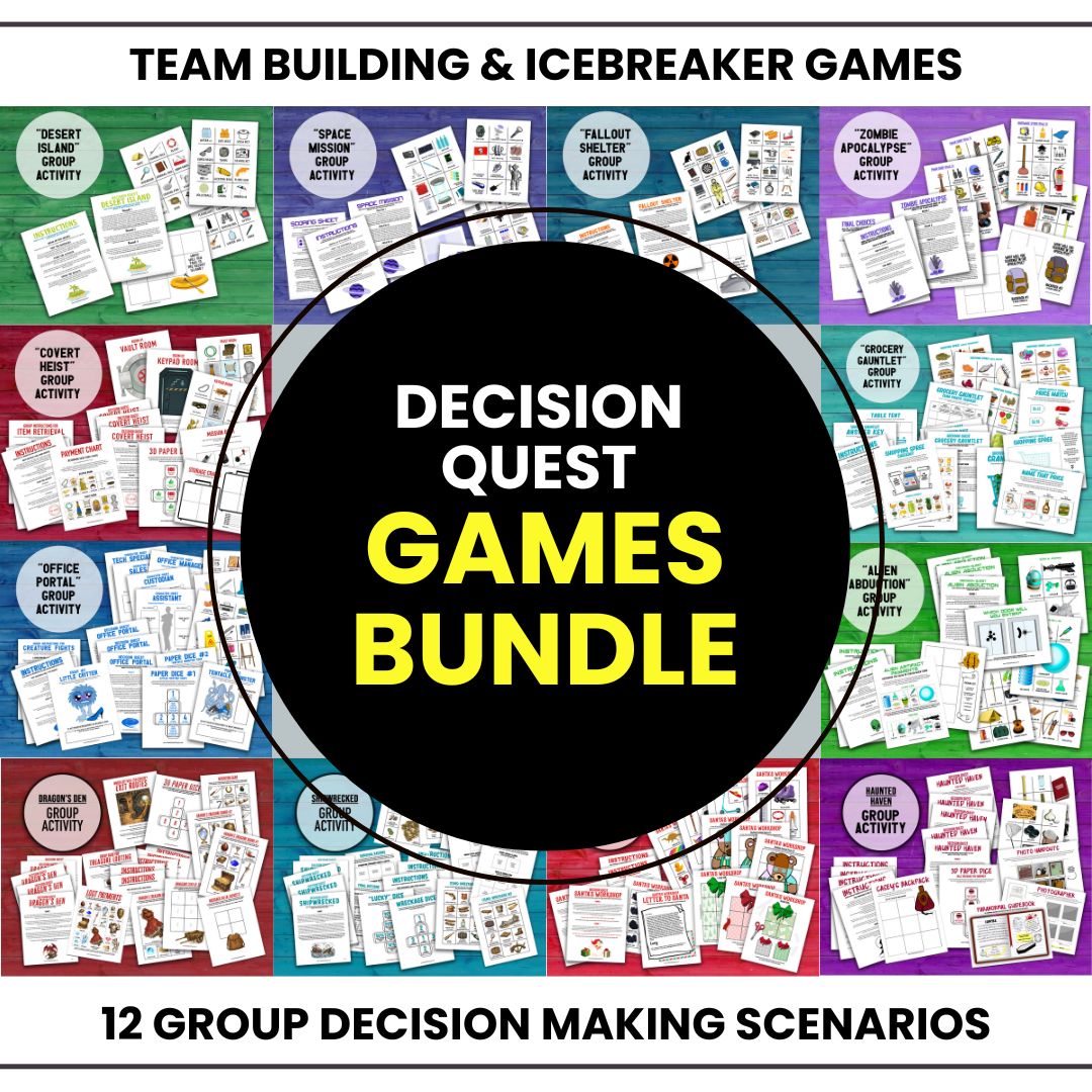 Decision Quest Games Bundle with 12 unique decision making scenarios to play as team building and icebreaker games.