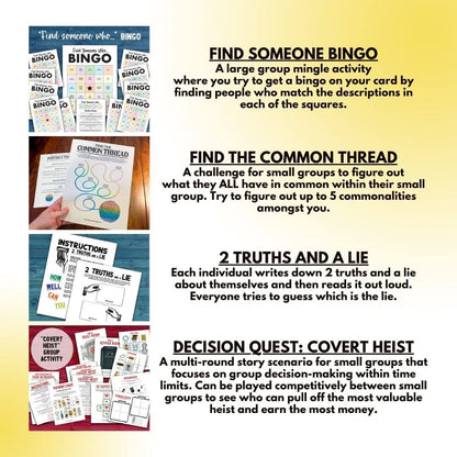 Four printable team building games in PDF file format including: Find Someone Bingo, Find the Common Thread, 2 Truths and a Lie, and Decision Quest: Covert Heist.