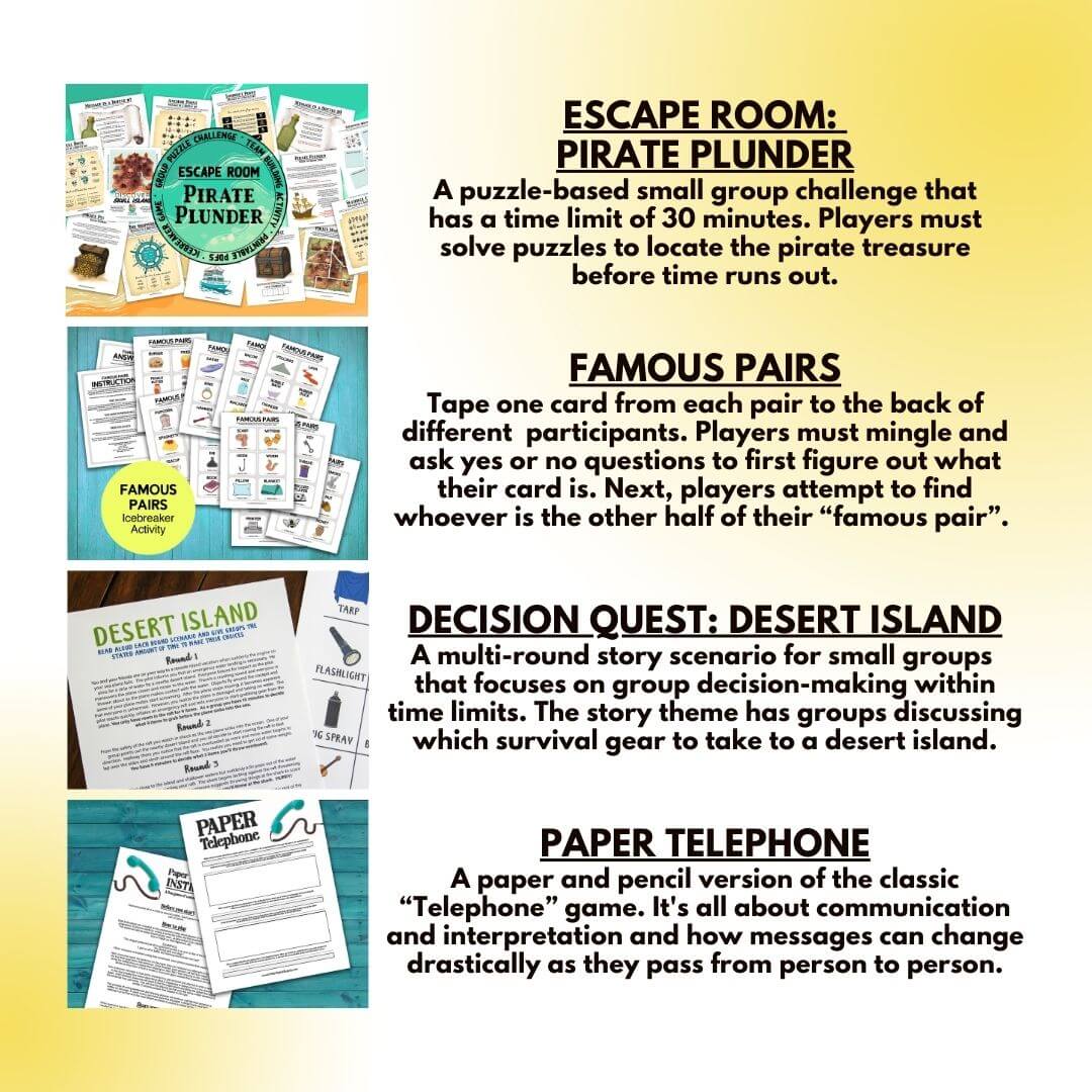Four team building activities in a printable PDF file format including: Escape Room: Pirate Plunder, Famous Pairs, Decision Quest: Desert Island, and Paper Telephone.
