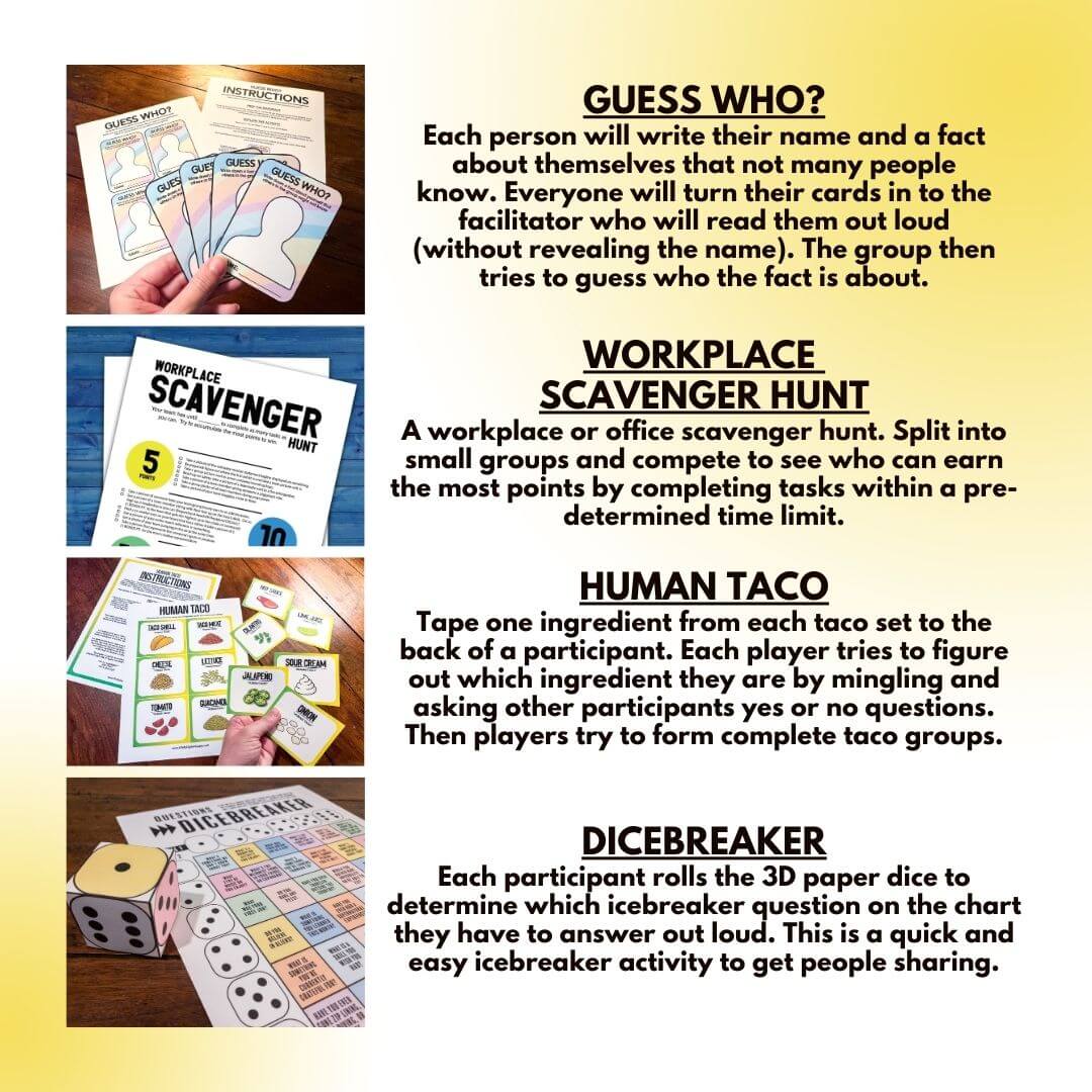 Four team building activities in a printable PDF format including: Guess Who?, Workplace Scavenger Hunt, Human Taco, and Dicebreaker.